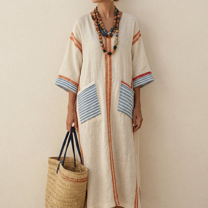 Calveth Relaxed Striped Linen Summer Maxi Dress with Patch Pockets