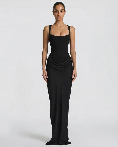 Sienna Laurent Satin Corset Maxi Dress with Draped Detail