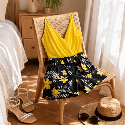 Wrap V-Neck Cami and Floral High-Waist Belted Shorts Set