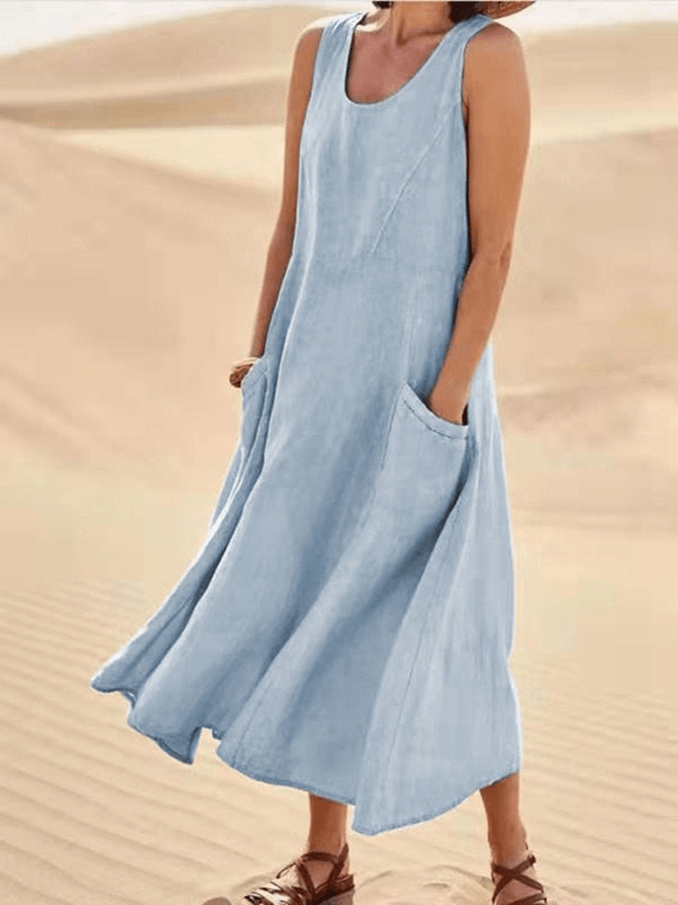 Sleeveless Linen A-Line Midi Summer Dress with Pockets for Women