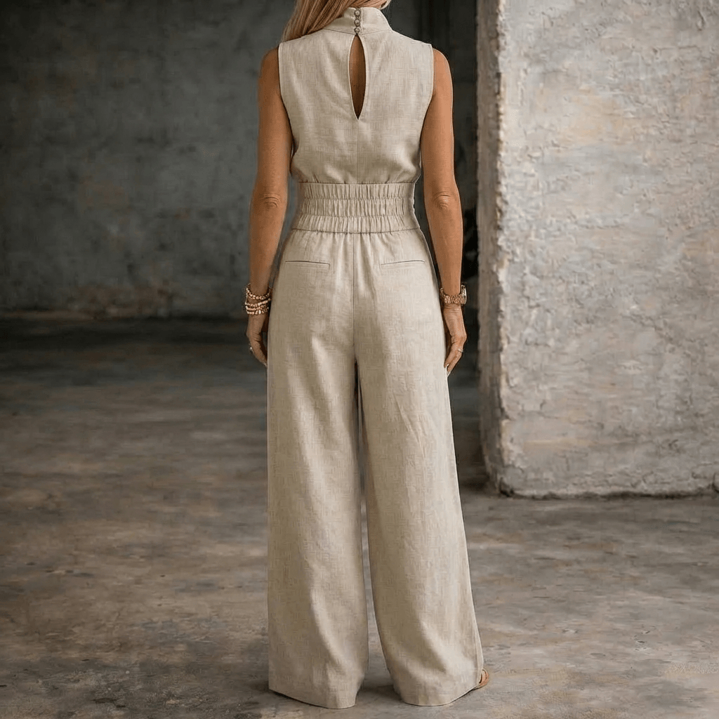 Viola High-Waist Wide-Leg Sleeveless Linen Jumpsuit with Collar