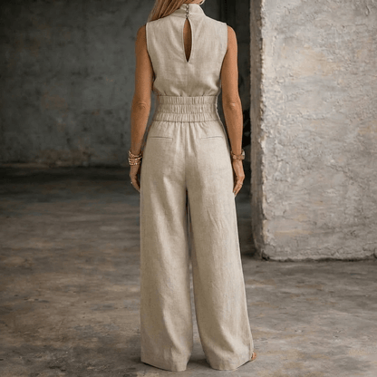 Viola High-Waist Wide-Leg Sleeveless Linen Jumpsuit with Collar