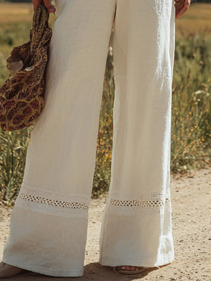 Women's Wide-Leg Button-Front Linen Jumpsuit with Lace Trim