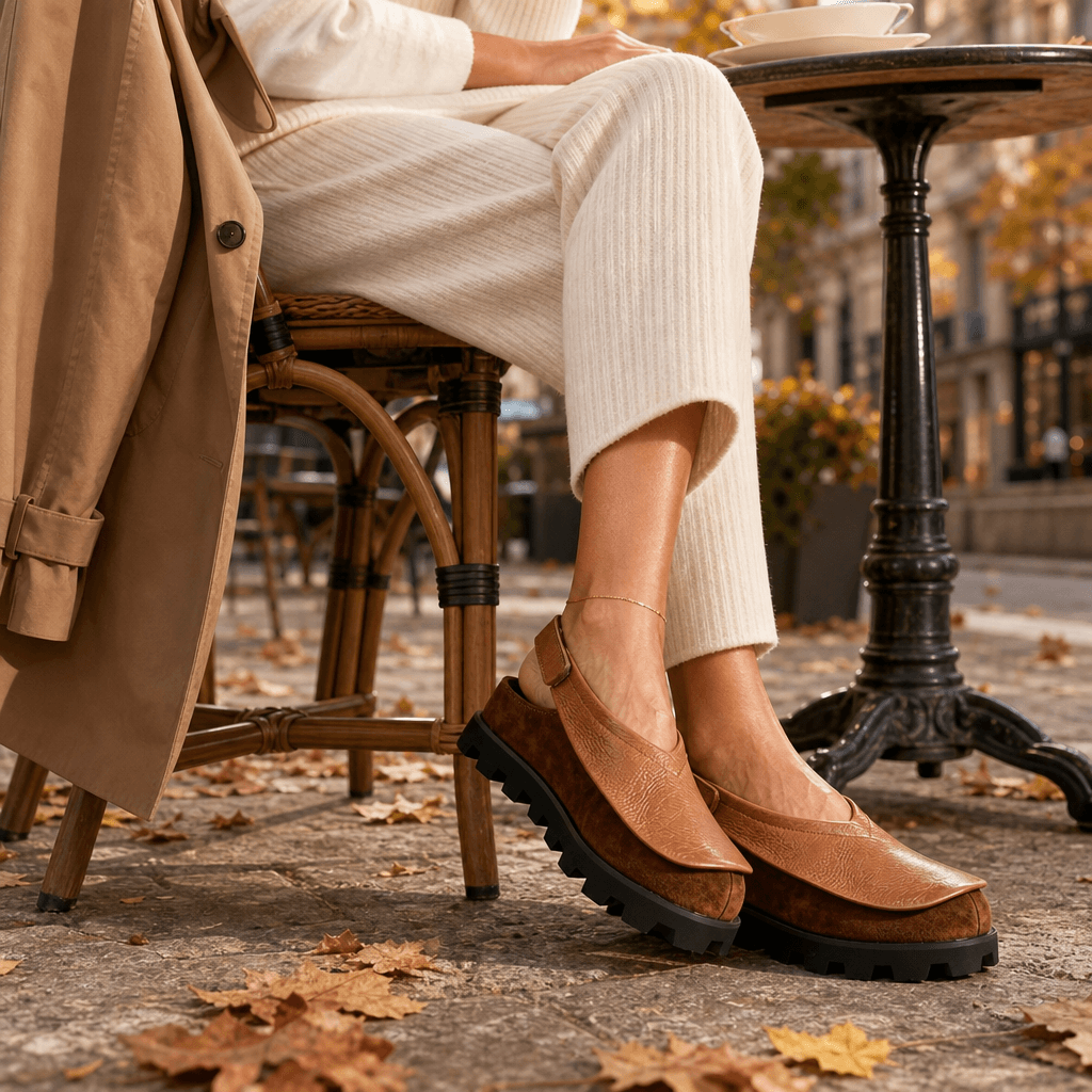 Solvana Cushioned Leather Flat Shoes with Slingback Strap and Chunky Sole