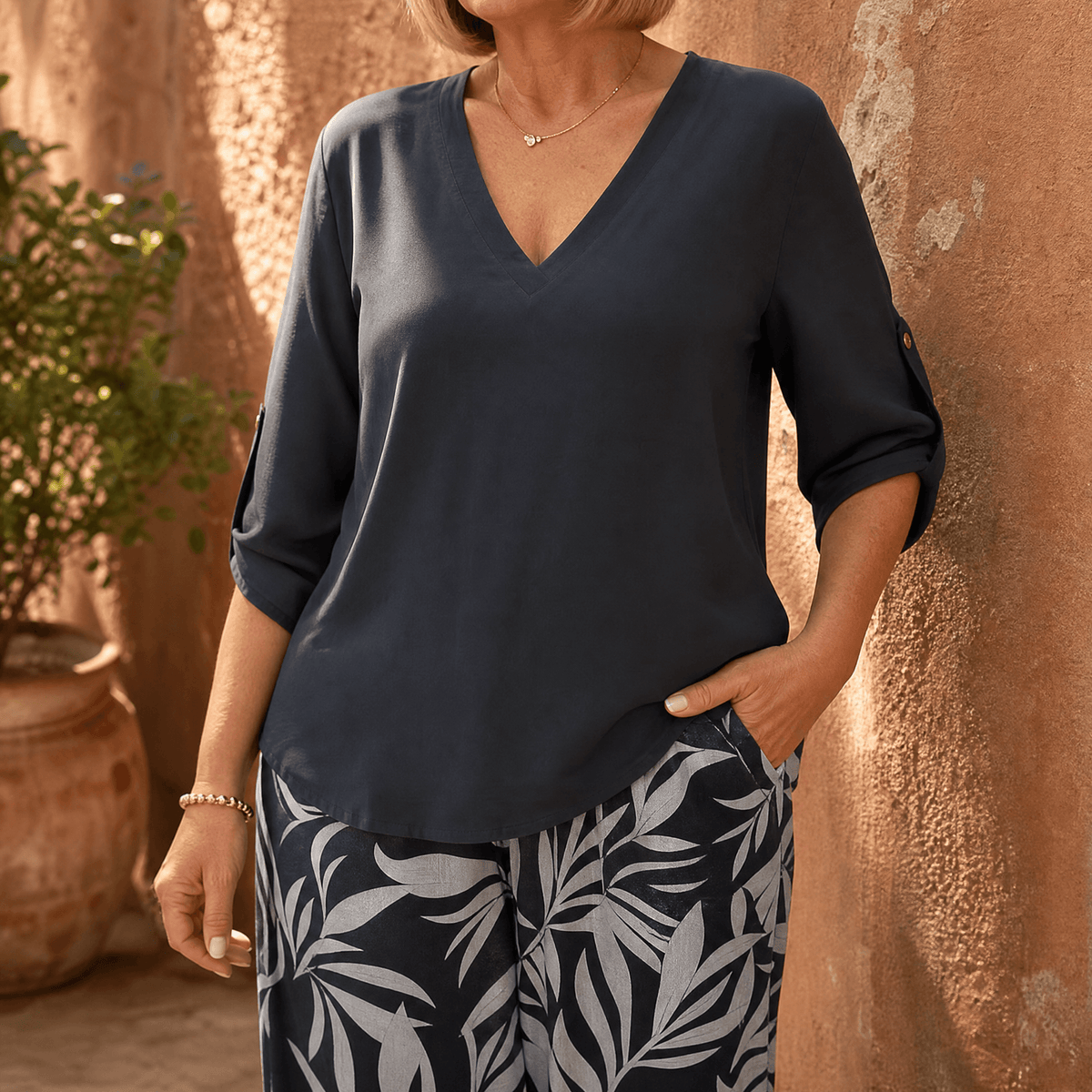 V-Neck Top and Leaf-Print Wide-Leg Two-Piece Set for Women