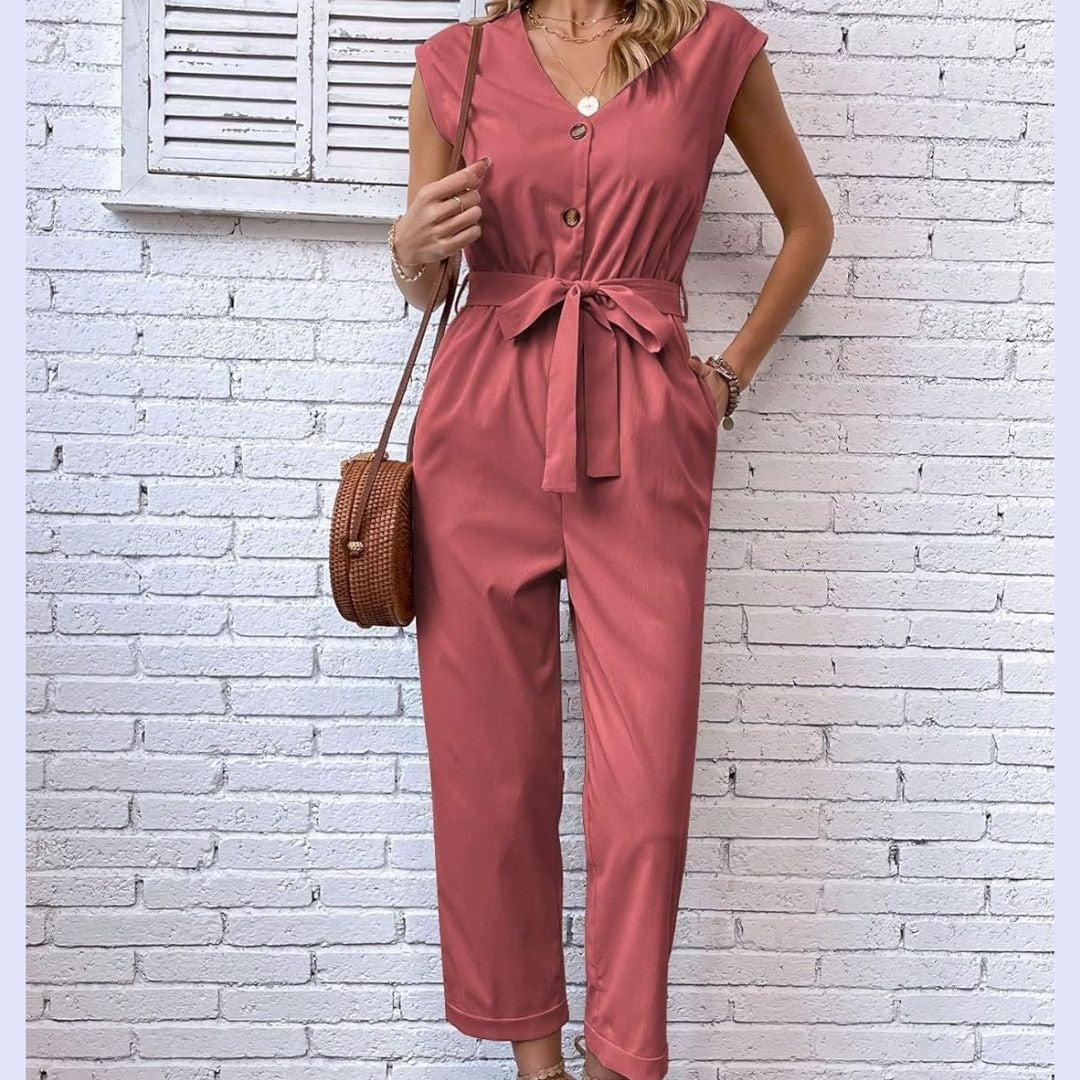 Belted Button-Front Sleeveless Jumpsuit for Women