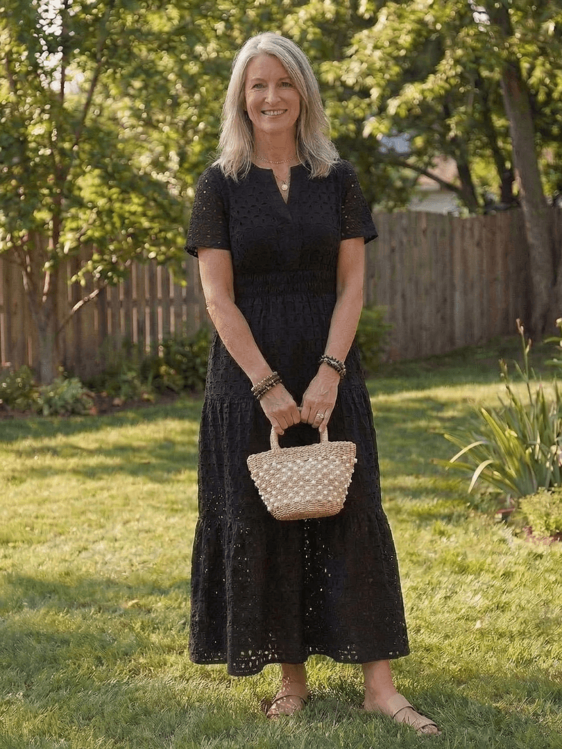 Women's Short-Sleeve Eyelet Midi Dress with Tiered Skirt and Split Neckline