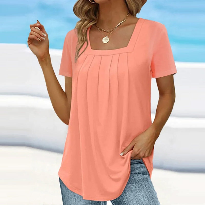Athena Square Neck Pleated Women's Blouse with Short Sleeves