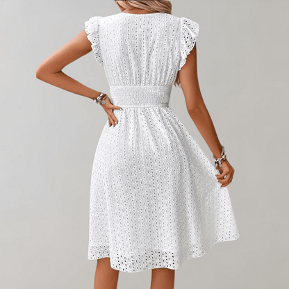 V-Neck Eyelet Cotton A-Line Midi Dress with Ruffle Sleeves for Women