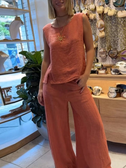 Women's Sleeveless Wide-Leg Linen Jumpsuit with Elastic Waist