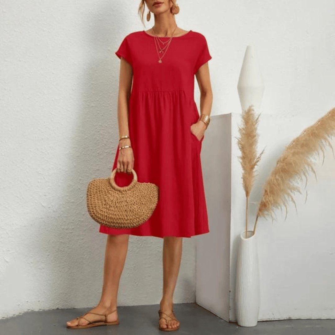 Savanna Relaxed Cotton Blend Women's Midi Dress with Pockets
