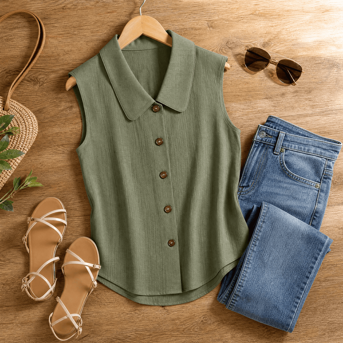 Women's Collared Sleeveless Button-Up Blouse with V-Neck