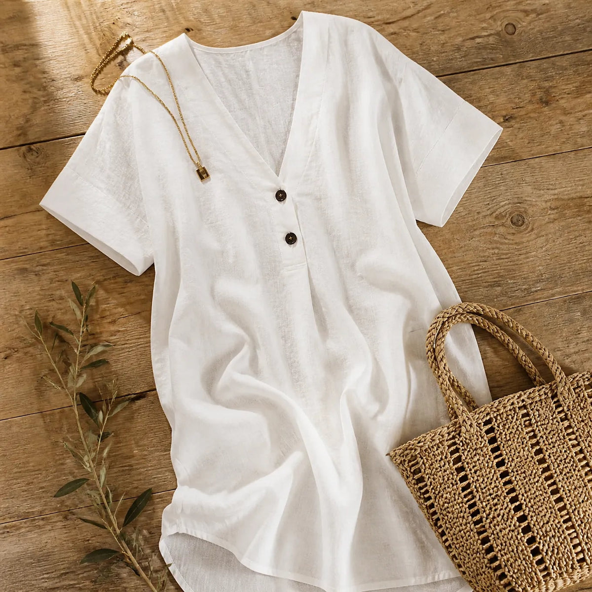 Soléne Oversized V-Neck Linen-Look Summer Dress with Half Sleeves and Button Placket