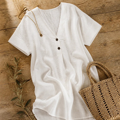 Soléne Oversized V-Neck Linen-Look Summer Dress with Half Sleeves and Button Placket