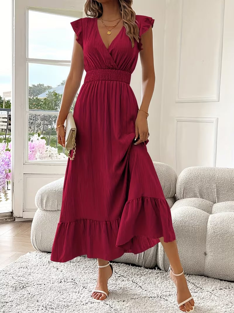 Women's Ruffled Wrap V-Neck Maxi Dress with Smocked Waist