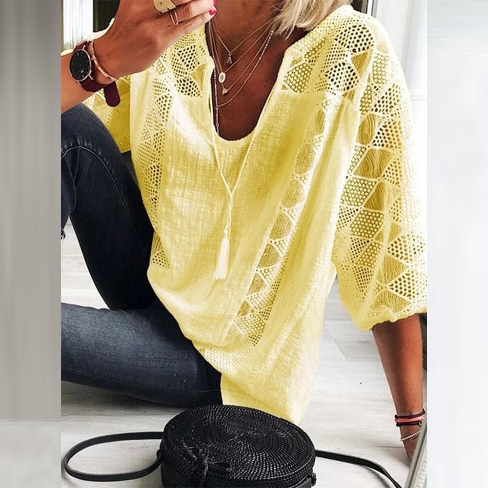 Crochet Panel Boho Blouse with Three-Quarter Sleeves