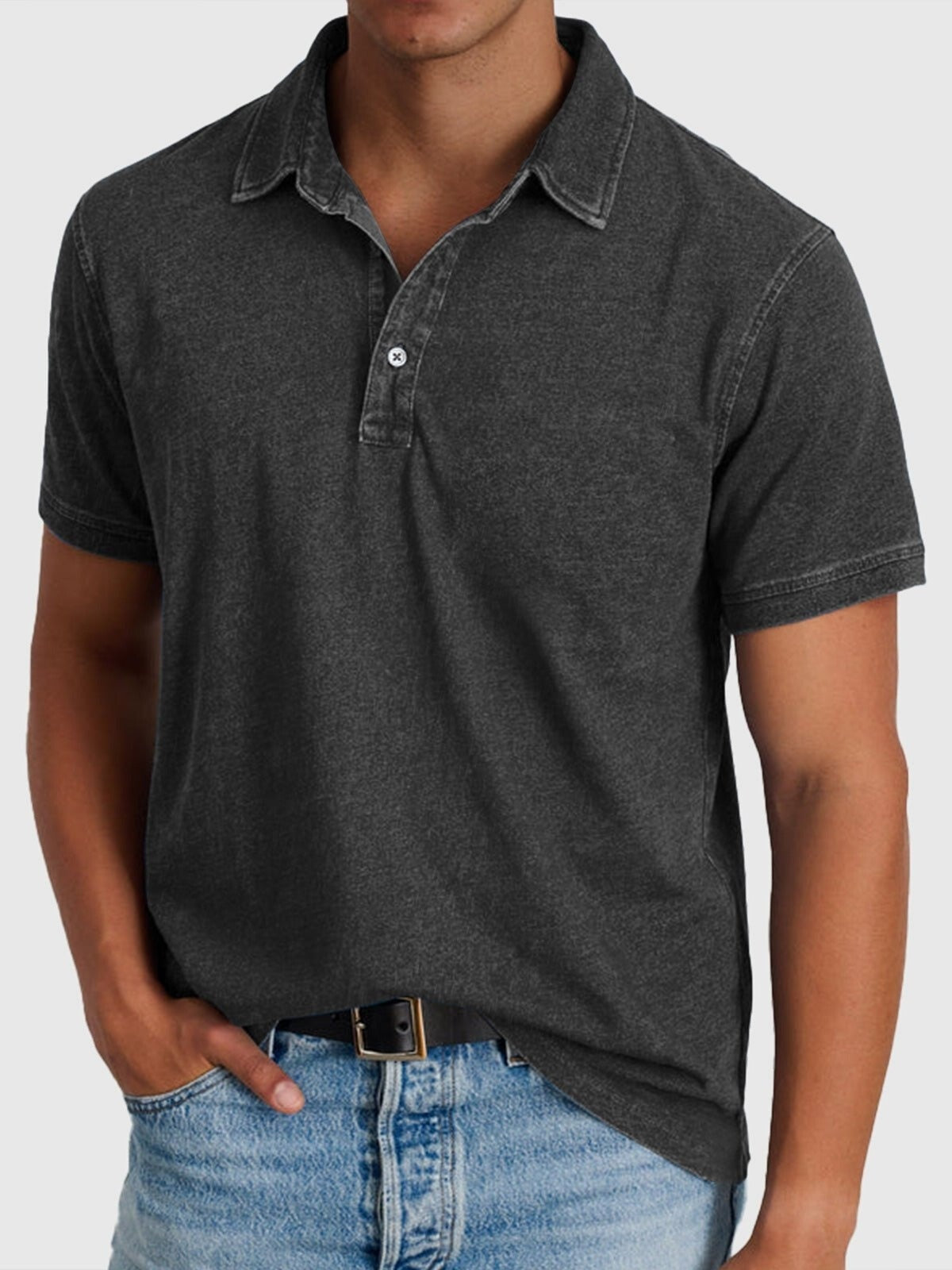 Men's Short-Sleeve Denim-Wash Cotton Polo Shirt