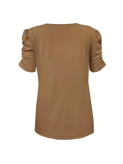 Rica Casual Ribbed V-Neck Top with Ruched Short Puff Sleeves