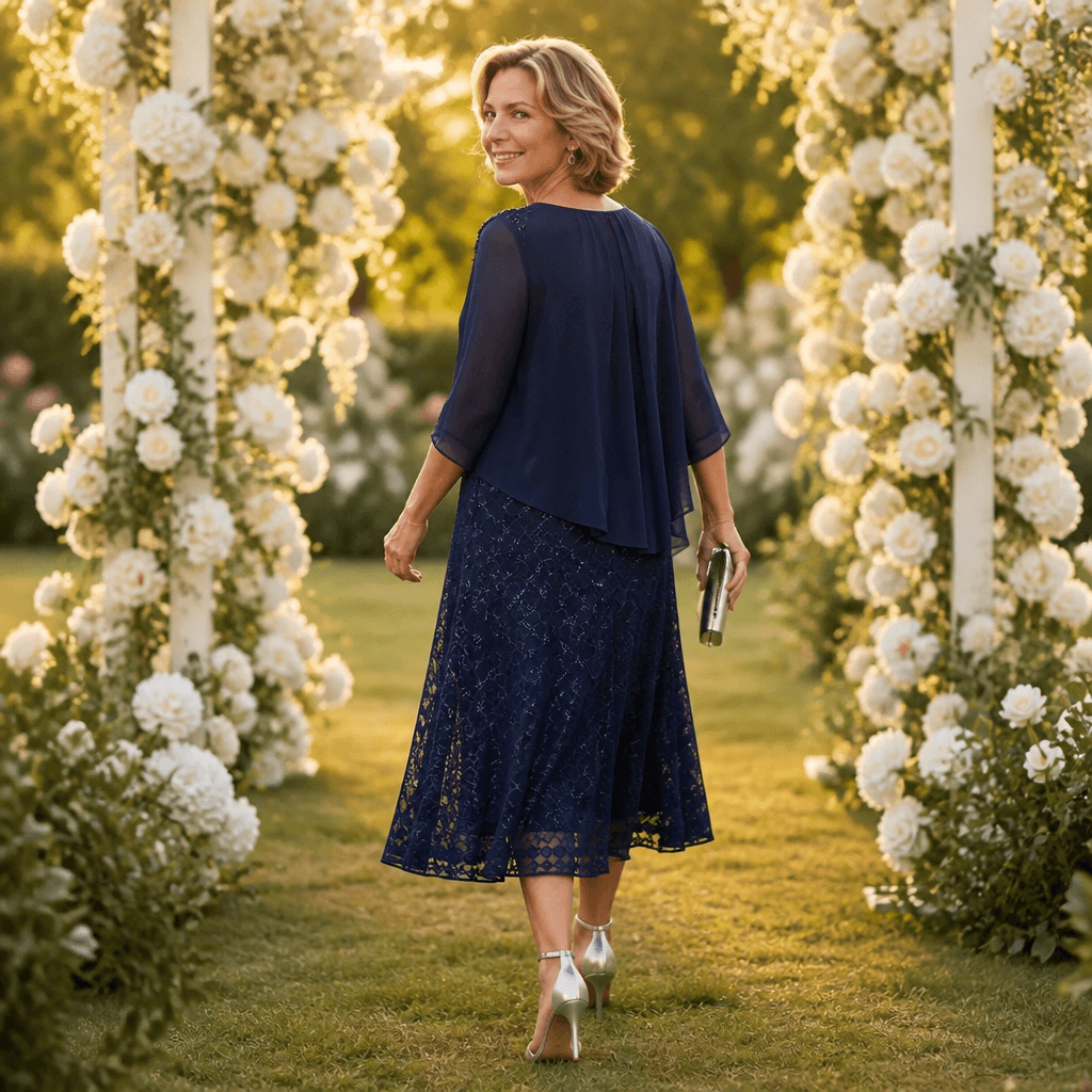 Elavine Layered Chiffon Lace Overlay Women's Midi Dress with Sheer Sleeves