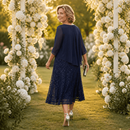 Elavine Layered Chiffon Lace Overlay Women's Midi Dress with Sheer Sleeves
