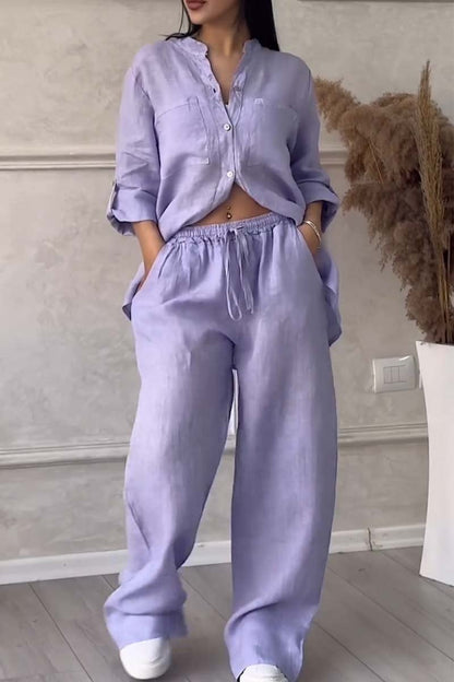 Fara Matching Cotton Linen Shirt and Wide-Leg Pants Two-Piece Co-Ord Set