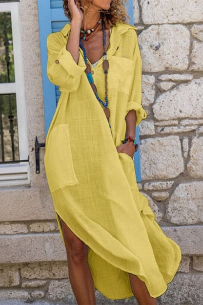 Thalia Oversized Collared Midi Shirt Dress with Roll-Up Sleeves and Side Pockets