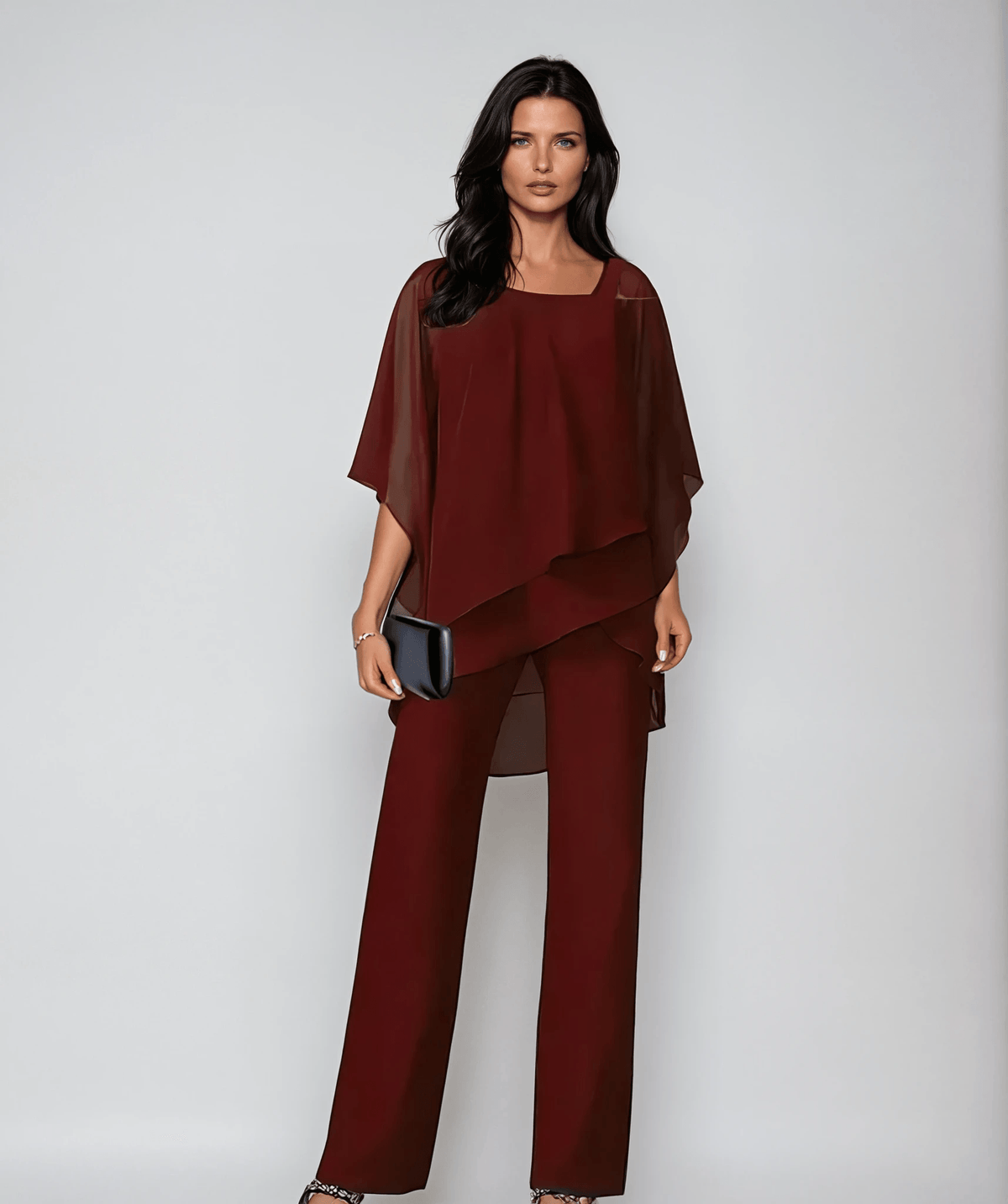 Women's Matching Two-Piece Set with Asymmetric Layered Top and Wide-Leg Pants