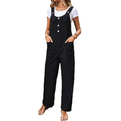 Women's Wide-Leg Overall Jumpsuit with Button-Front Bib