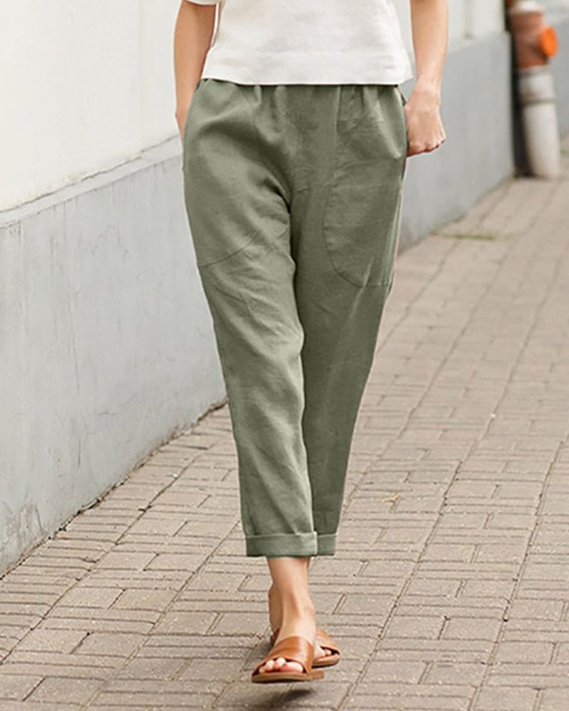 Sage Relaxed Cropped Pants with Elastic Waist and Cuffed Hem