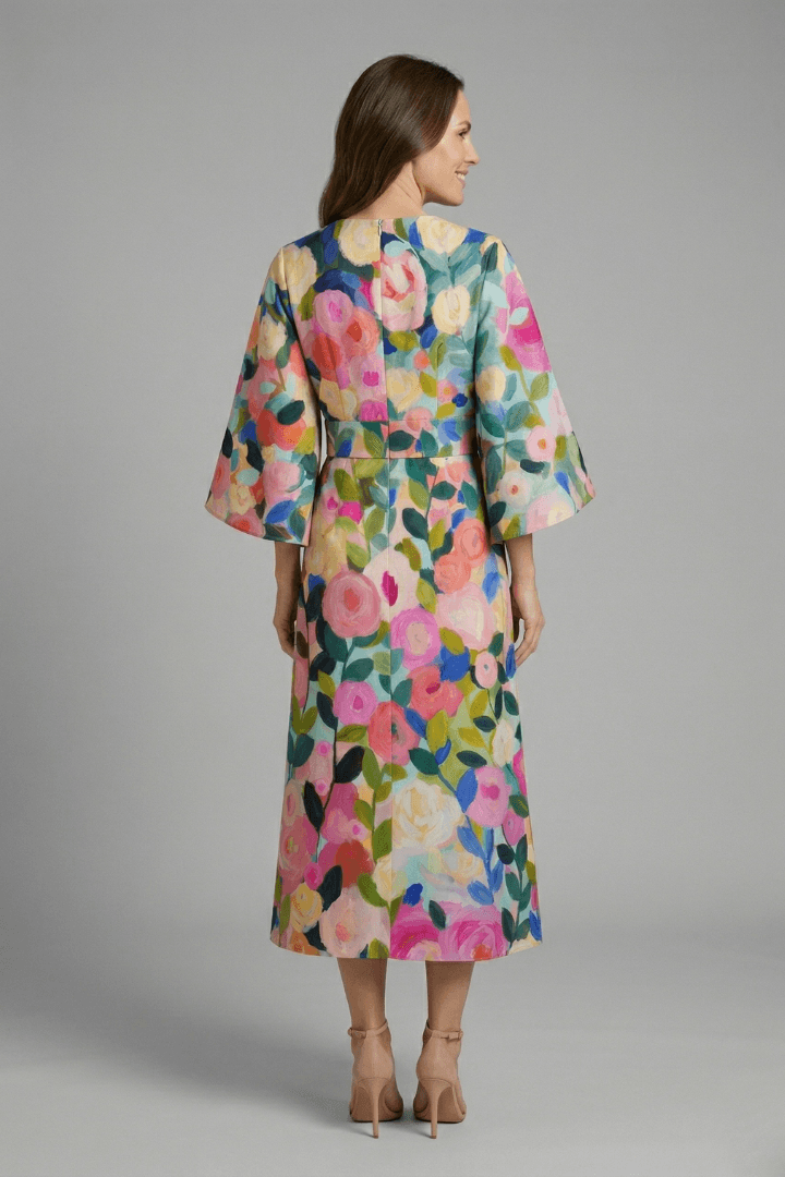 Floral Print Round Neck Women's Midi Dress with Wide Bell Sleeves