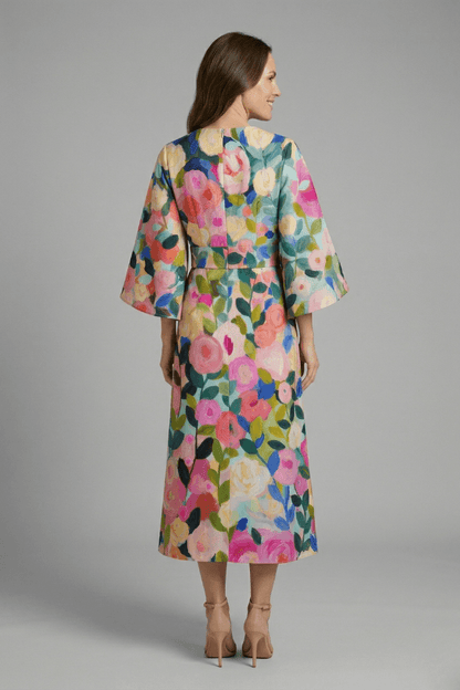 Floral Print Round Neck Women's Midi Dress with Wide Bell Sleeves