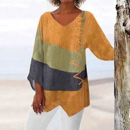 Nora Fitzgerald Colorblock Linen Blouse with Long Sleeves for Women