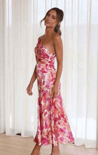 Sophie One-Shoulder Floral Midi Summer Dress in Polyester