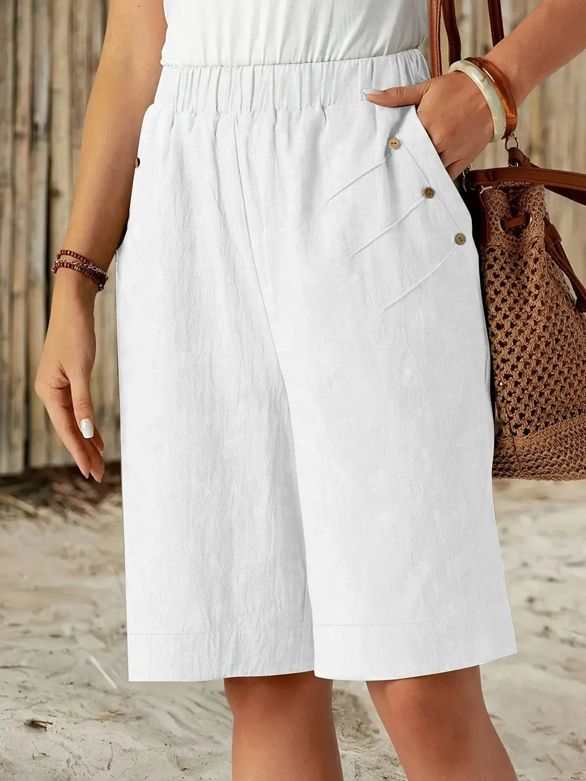 Women's Linen-Cotton Knee-Length Shorts with Button Pockets