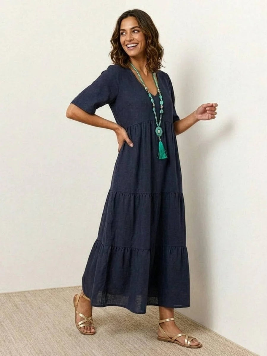 Women's Tiered Ruffle V-Neck Midi Dress with Short Sleeves in Polyester