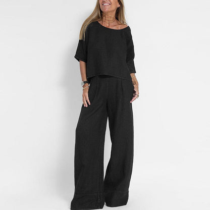 Hannah Young Linen-Blend Two-Piece Top and Wide-Leg Trouser Set