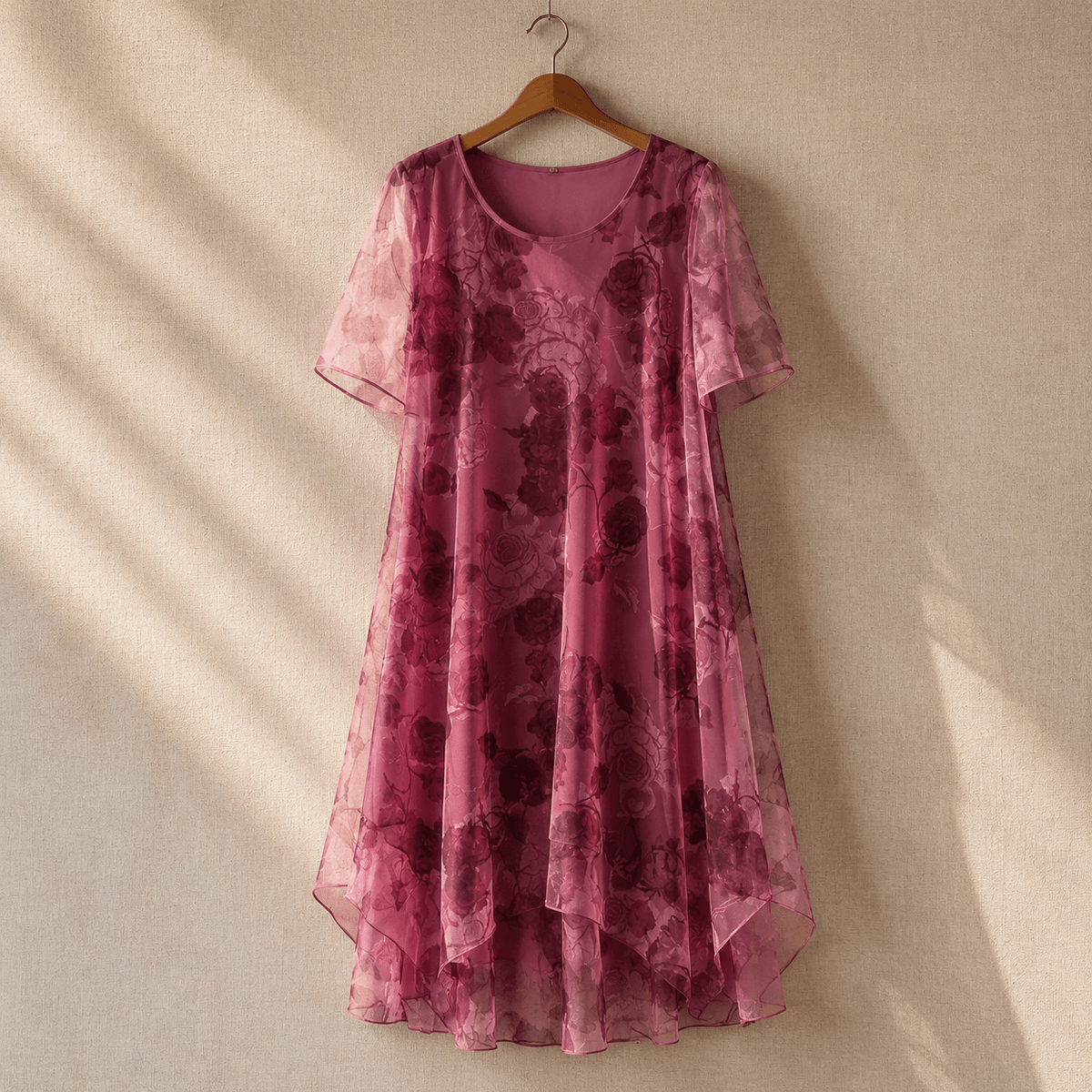Florenza Print Layered Chiffon Women's Midi Dress with Sheer Sleeves