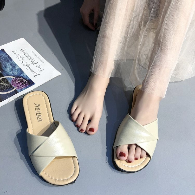 Comfortable Slide Sandals with Crossed Straps and Low Wedge Heel