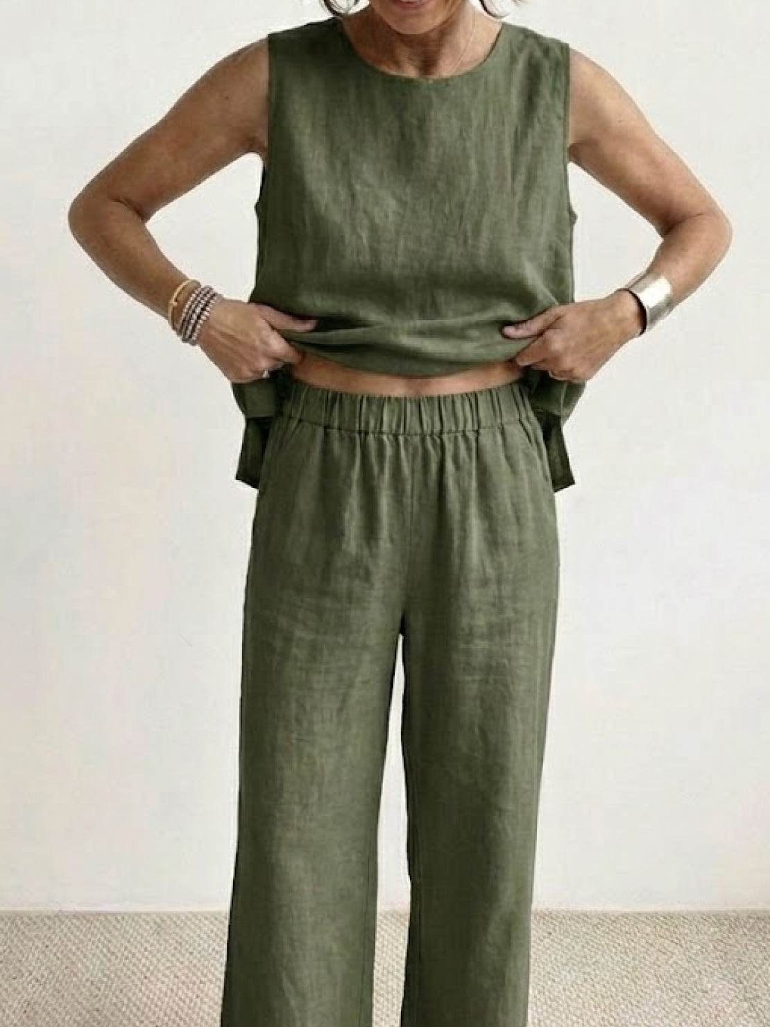 Sage Matching Linen Sleeveless Top and Wide-Leg Pants Two-Piece Set
