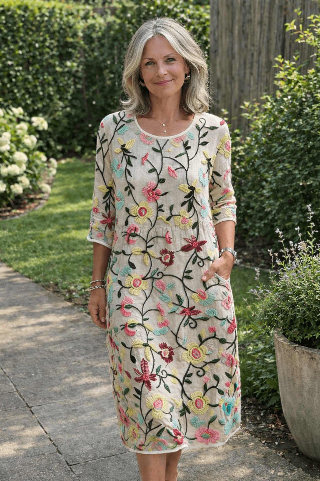Erica Embroidered Floral Three-Quarter Sleeve Cotton Blend Women's Midi Dress