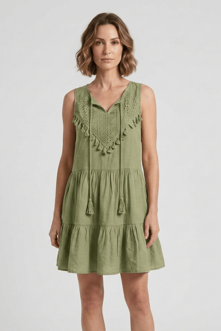 Women's Sleeveless Mini Summer Dress with Tassel Tie V-Neck and Tiered Skirt