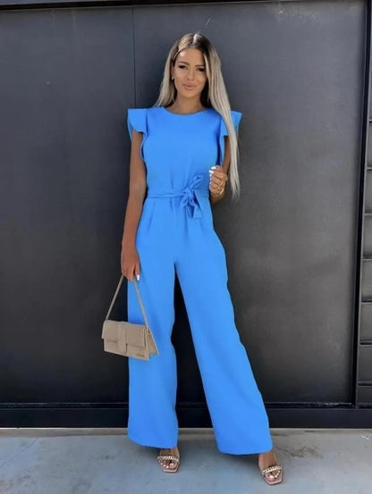 Women's Wide-Leg Linen Jumpsuit with Ruffle Sleeves and Belted Waist