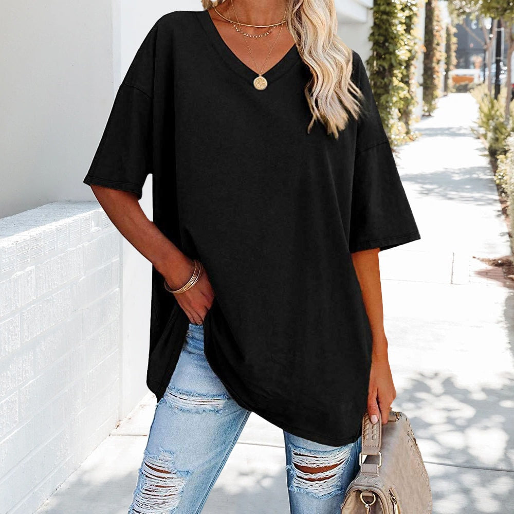 Oversized Cotton V-Neck Short Sleeve Top for Women