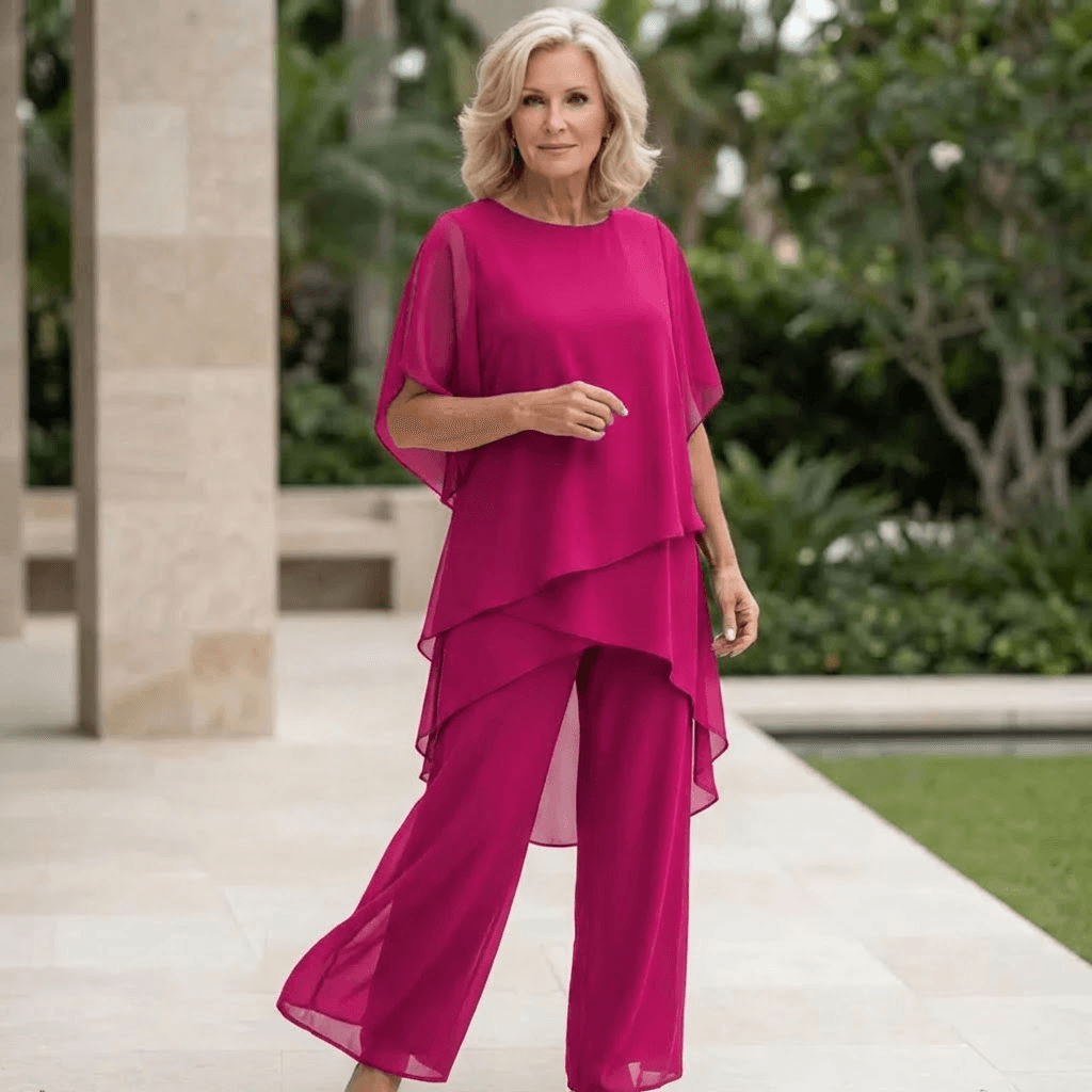Women's Flowy Two-Piece Wide-Leg Pant Set with Draped Cape Top