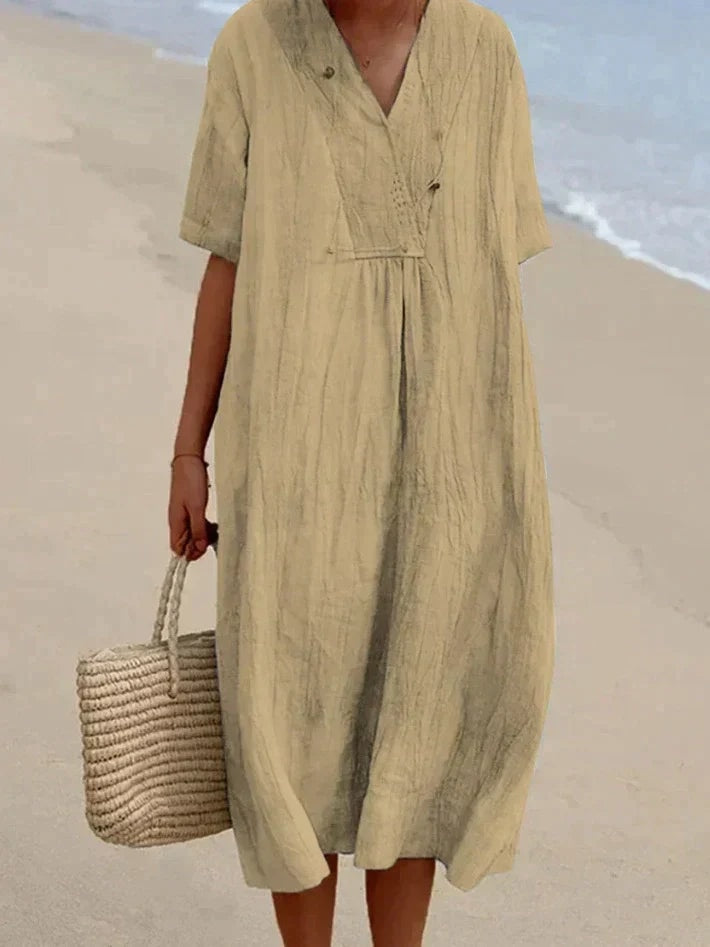 Women's Cotton Linen V-Neck Summer Midi Dress with Side Pockets