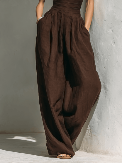 High-Waist Wide-Leg Linen Blend Jumpsuit with Pockets for Women