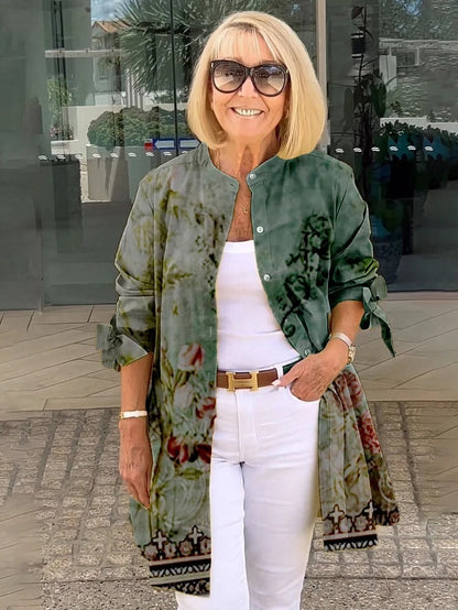 Women's Floral Print Longline Button-Up Blouse with Long Sleeves