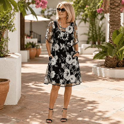 Solenya Black Floral Chiffon A-Line Women's Midi Dress with Sheer Overlay