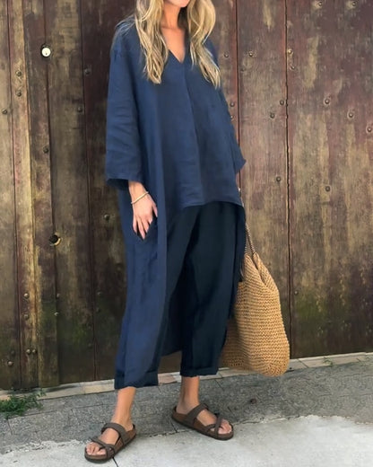 Vimosa Relaxed Linen Co-Ord Set with Longline V-Neck Top and Wide-Leg Pants