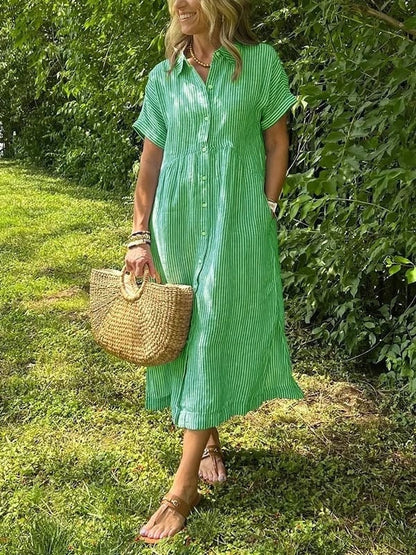Women's Striped Cotton Shirt Collar Midi Dress with Short Sleeves